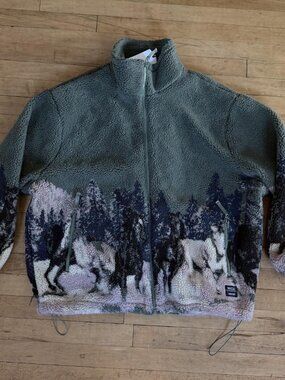 NWT WeSC Sage Green Horse Print Sherpa Fleece Zip Up Jacket Men's M Women's L